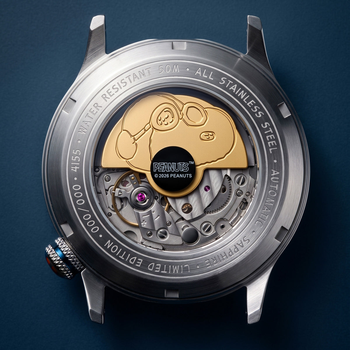 Close-up of AVI-8 Snoopy Automatic watch showing the open back case with a Snoopy rotor