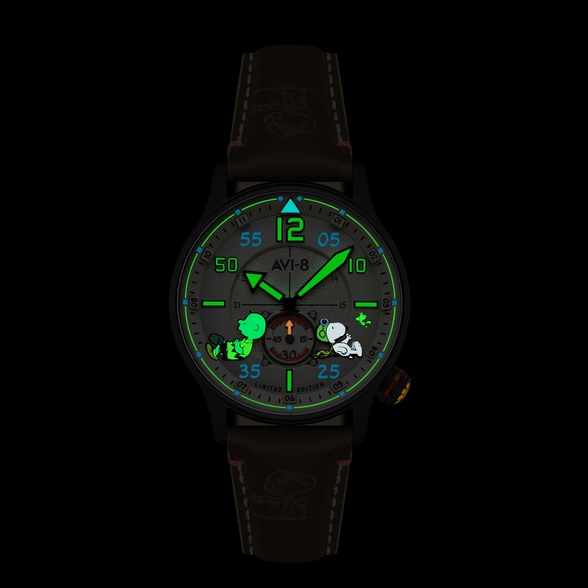 AVI-8 Peanuts Snoopy Limited Edition watch, Desert Shadow AV-4155-04, Front lume shot