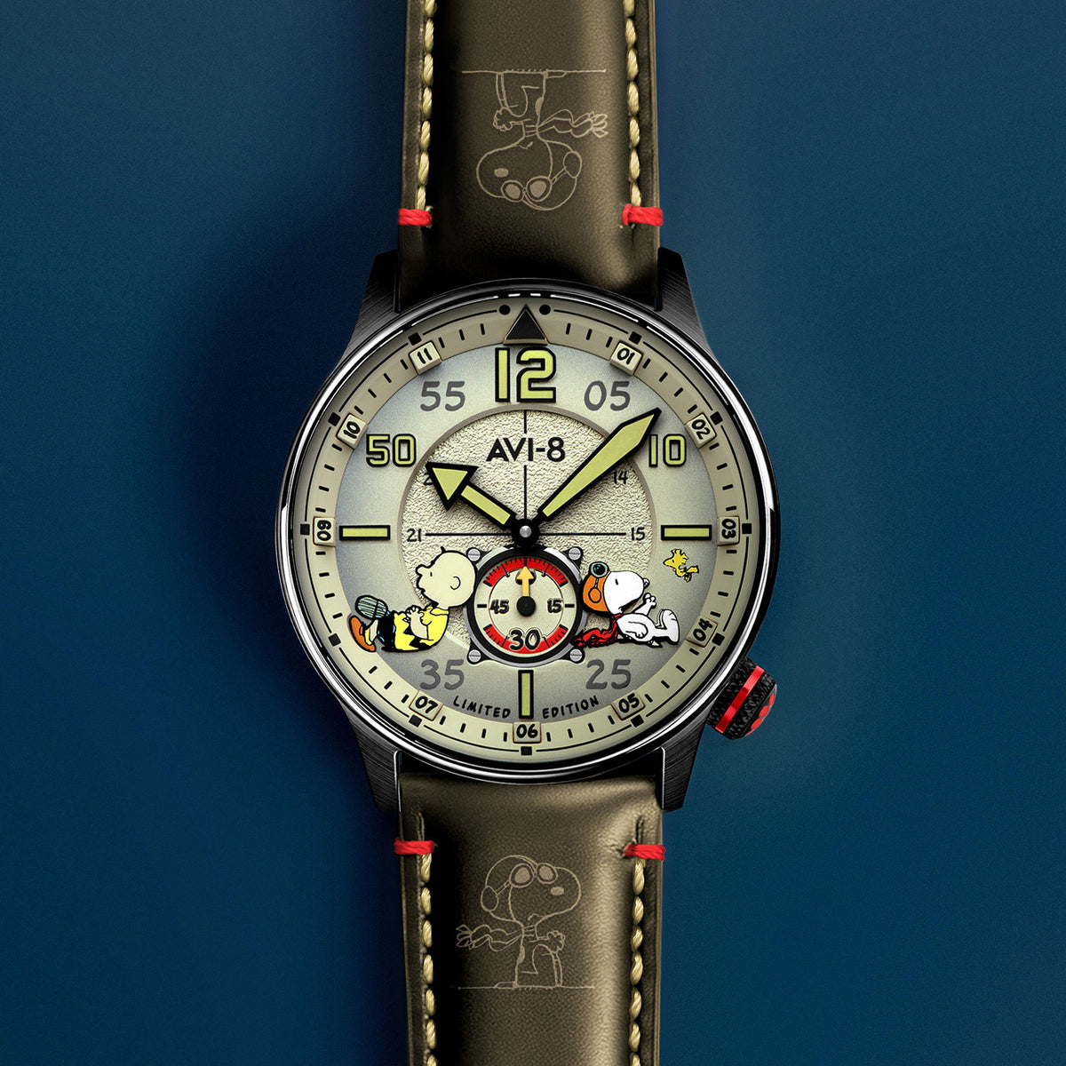AVI-8 Peanuts Snoopy Limited Edition watch, Desert Shadow AV-4155-04, Front view with sand dial and olive green leather strap