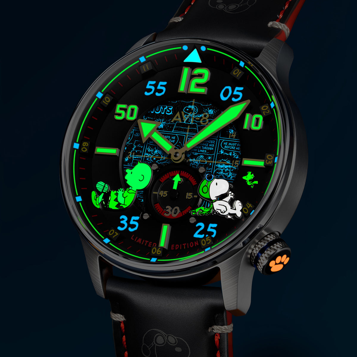 AVI-8 Peanuts Snoopy Limited Edition watch, Rogue Black AV-4155-01, Front view under UV light
