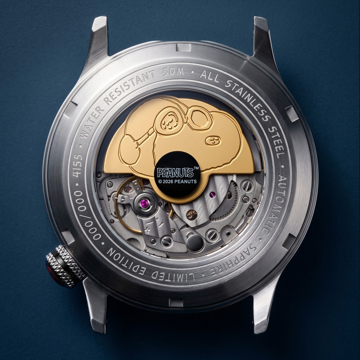 Close-up of AVI-8 Snoopy Automatic watch showing the open back case with a Snoopy rotor