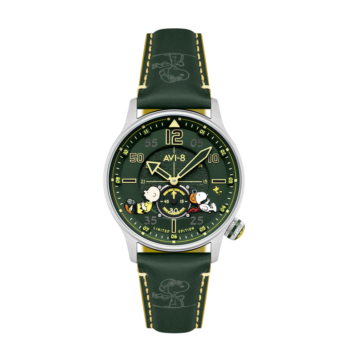 AVI-8 Peanuts Snoopy Limited Edition watch, Verdant Glow AV-4155-03 Front view, Dark green dial and strap