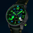 AVI-8 Peanuts Snoopy Limited Edition watch, Verdant Glow AV-4155-03, Front view under UV light