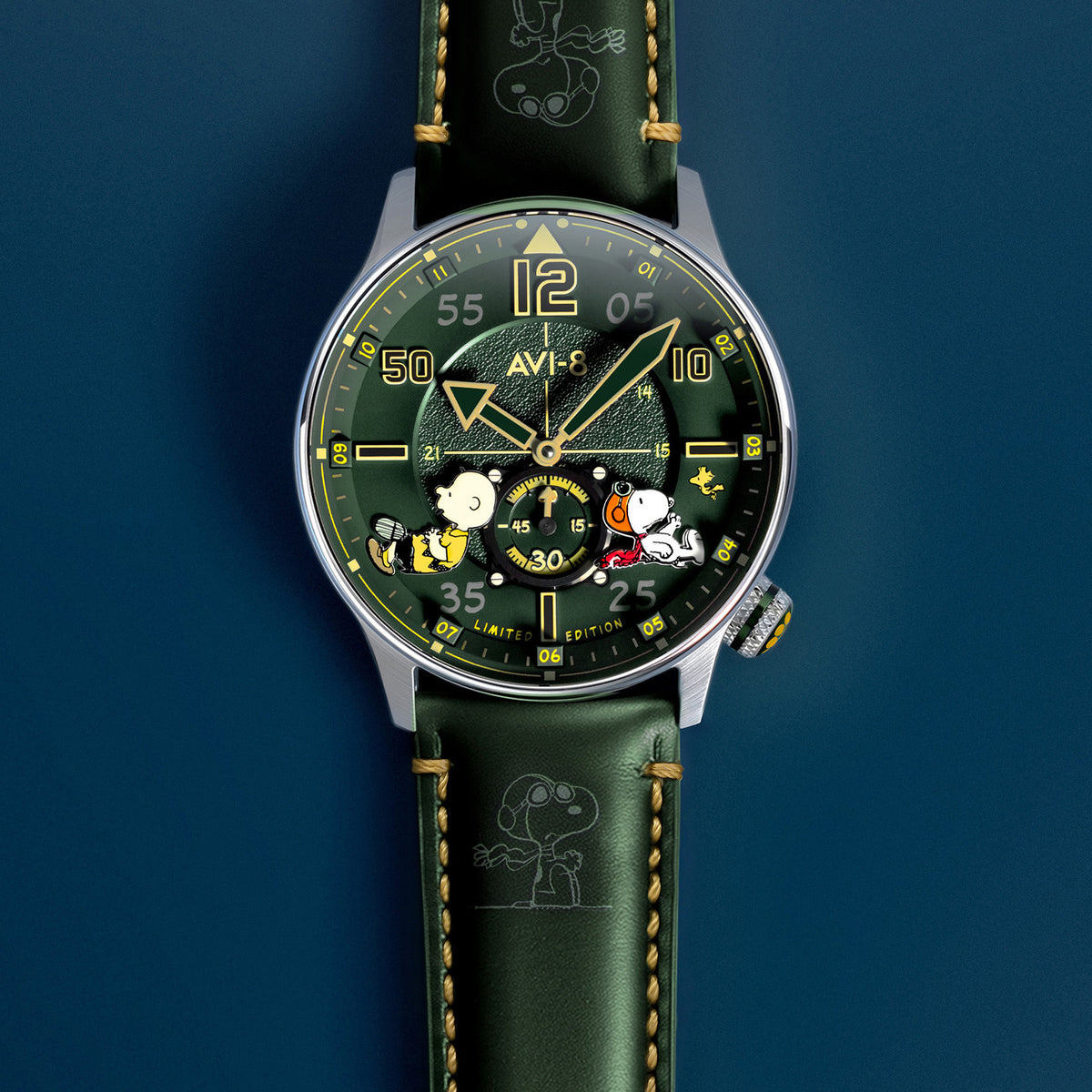 AVI-8 Peanuts Snoopy Limited Edition watch, Verdant Glow AV-4155-03, Front view with dark green dial and strap