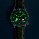 AVI-8 Peanuts Snoopy Limited Edition watch, Verdant Glow AV-4155-03, Front lume shot