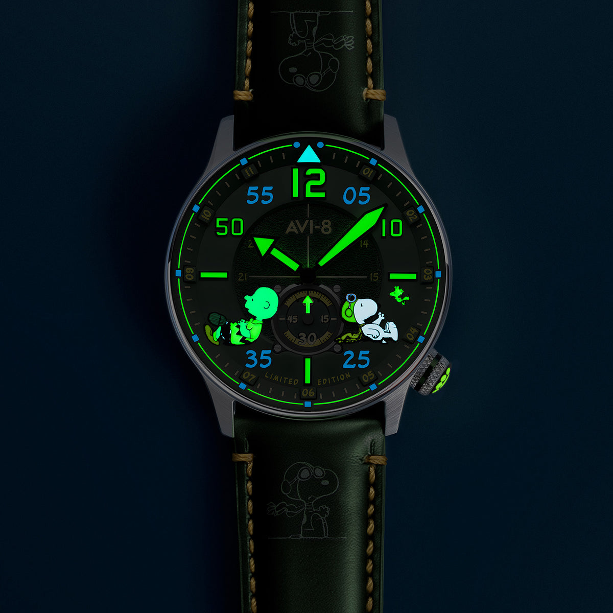 AVI-8 Peanuts Snoopy Limited Edition watch, Verdant Glow AV-4155-03, Front lume shot