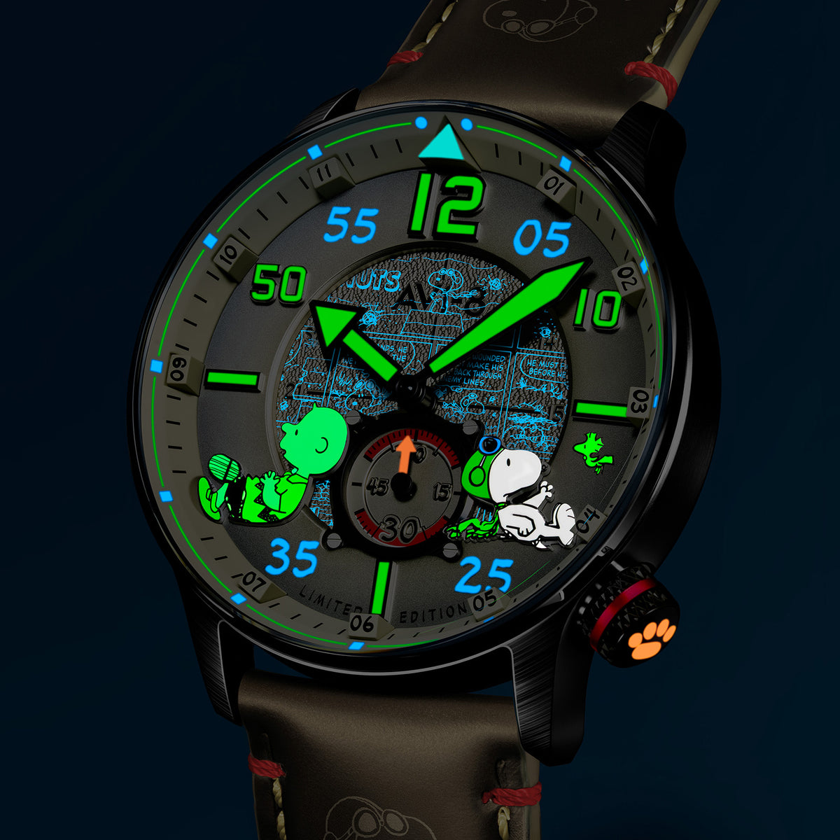 AVI-8 Peanuts Snoopy Limited Edition watch, Desert Shadow AV-4155-04, Front view under UV light