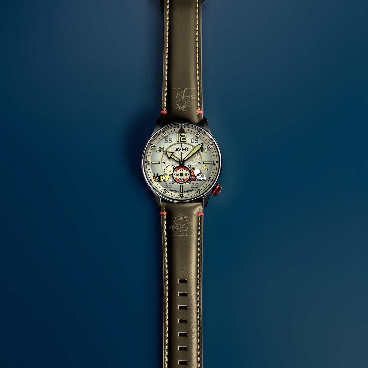 AVI-8 Peanuts Snoopy Limited Edition watch, Desert Shadow AV-4155-04, Front view with sand dial and olive green leather strap