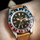 Wrist shot of WMT Panton MKII - Brown Dial/ Heavy Aged in brown leather strap