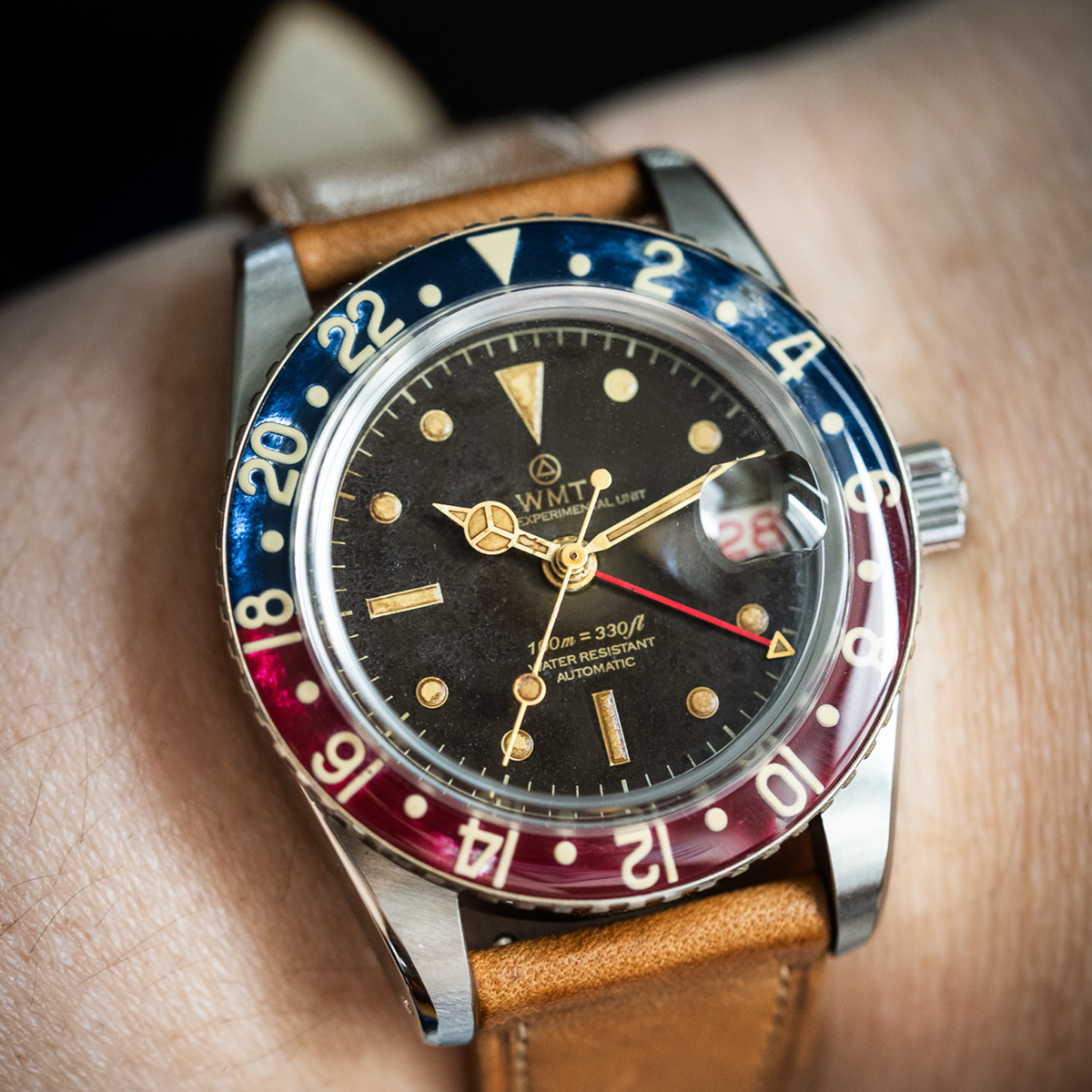 Wrist shot of WMT Panton MKII - Brown Dial/ Heavy Aged in brown leather strap